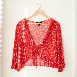 Forever 21 Red Crop Ruffle Front Tie Top